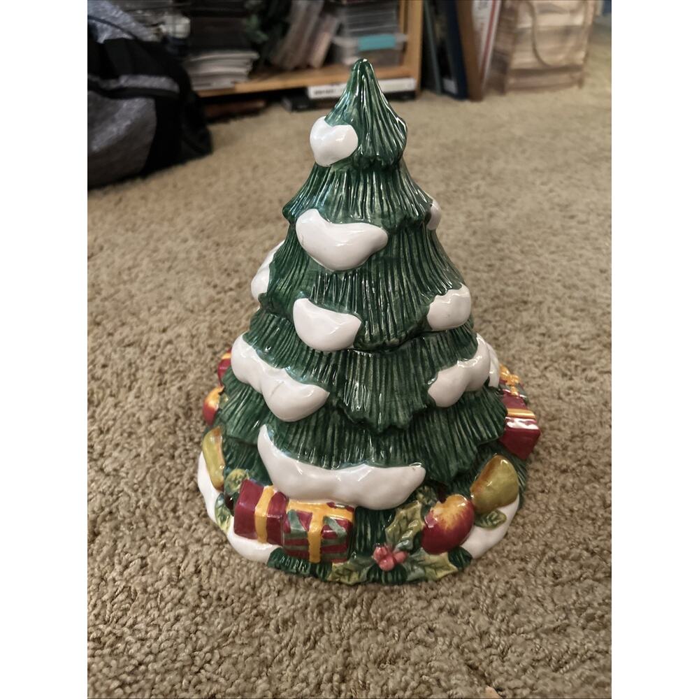 Vtg Christmas Tree Cookie Jar Gnome Deer Ceramic Presents Snow 11” Elements - Picture 5 of 7